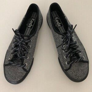 Keds Lace Up Sneakers with Canvas Silver Sparkle Uppers + Black Soles Size 7